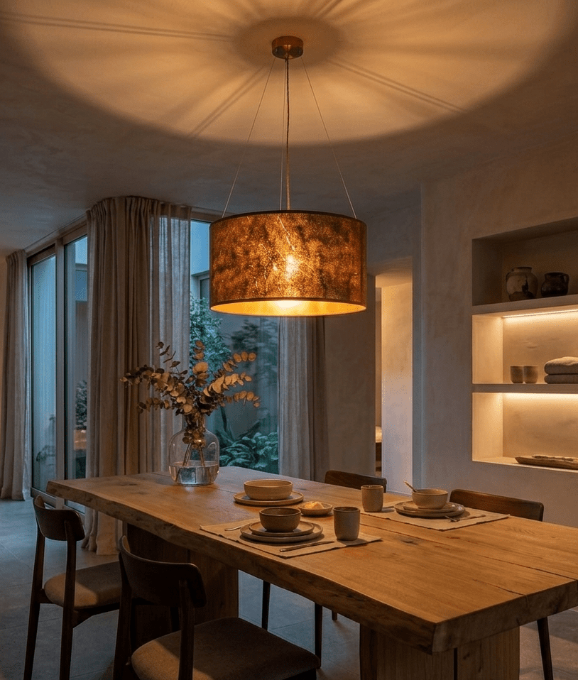 Suspension en feuille de mica cuivré Thessalie par l'atelier Maus allumée dans un salon contemporain au dessus d'une table a manger. Rosace et carcasse en acier cuivré, suspendue par 4 cables inox de longueur réglable. Pièce artisanale unique de fabrication française.