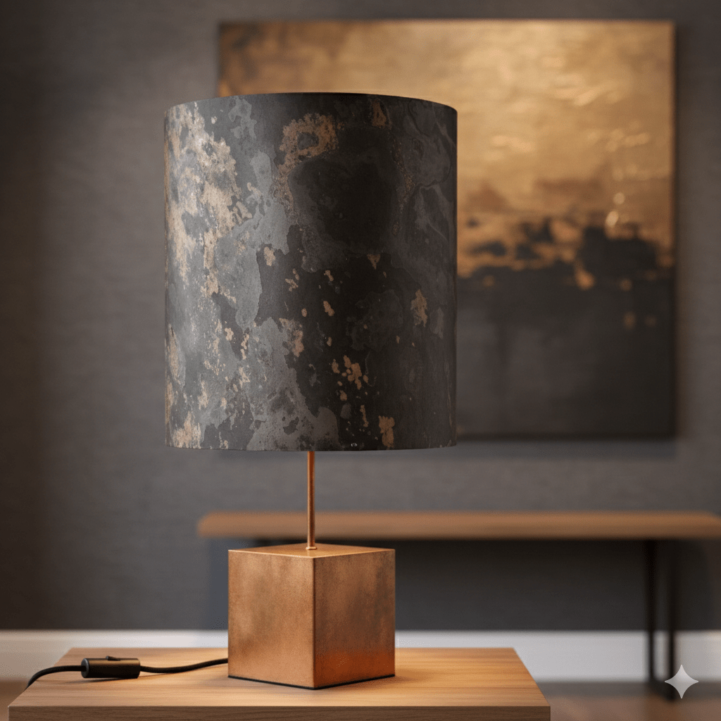 Lampe cassini artisanale fabriquée en france par atelier Maus dans un bureau contemporain sur une console design en bois clair.